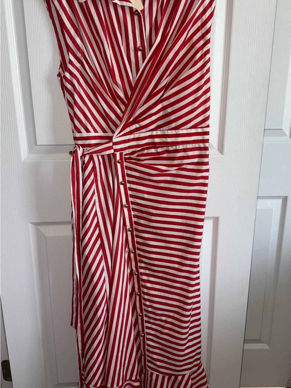 Striped Red and White Sleeveless Wrap Dress - Picture 1 of 5